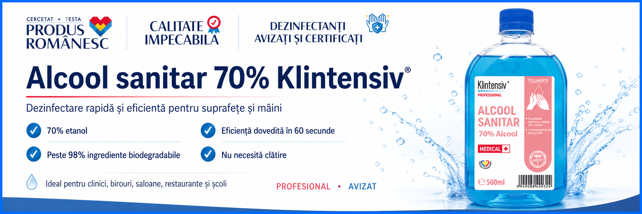 Alcool sanitar 70% Klintensiv dezinfectant pentru m&acirc;ini și suprafețe