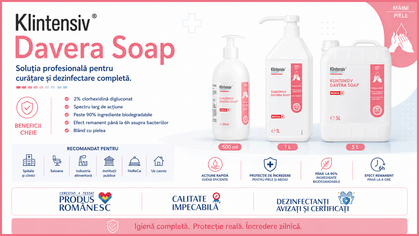 Klintensiv Davera Soap săpun lichid biocid cu clorhexidină pentru m&acirc;ini piele și scalp