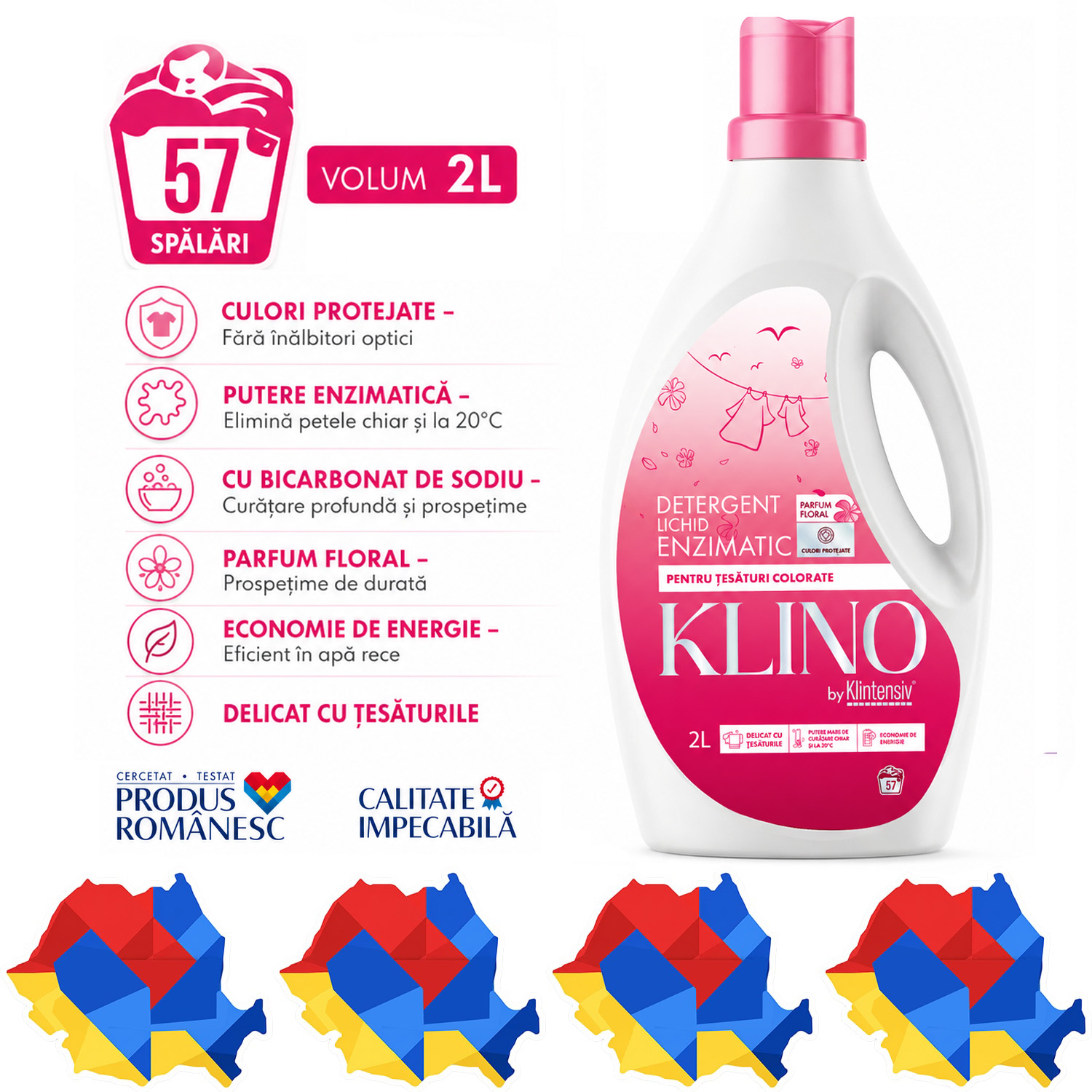 Detergent lichid enzimatic KLINO Klintensiv pentru rufe colorate, 2 L