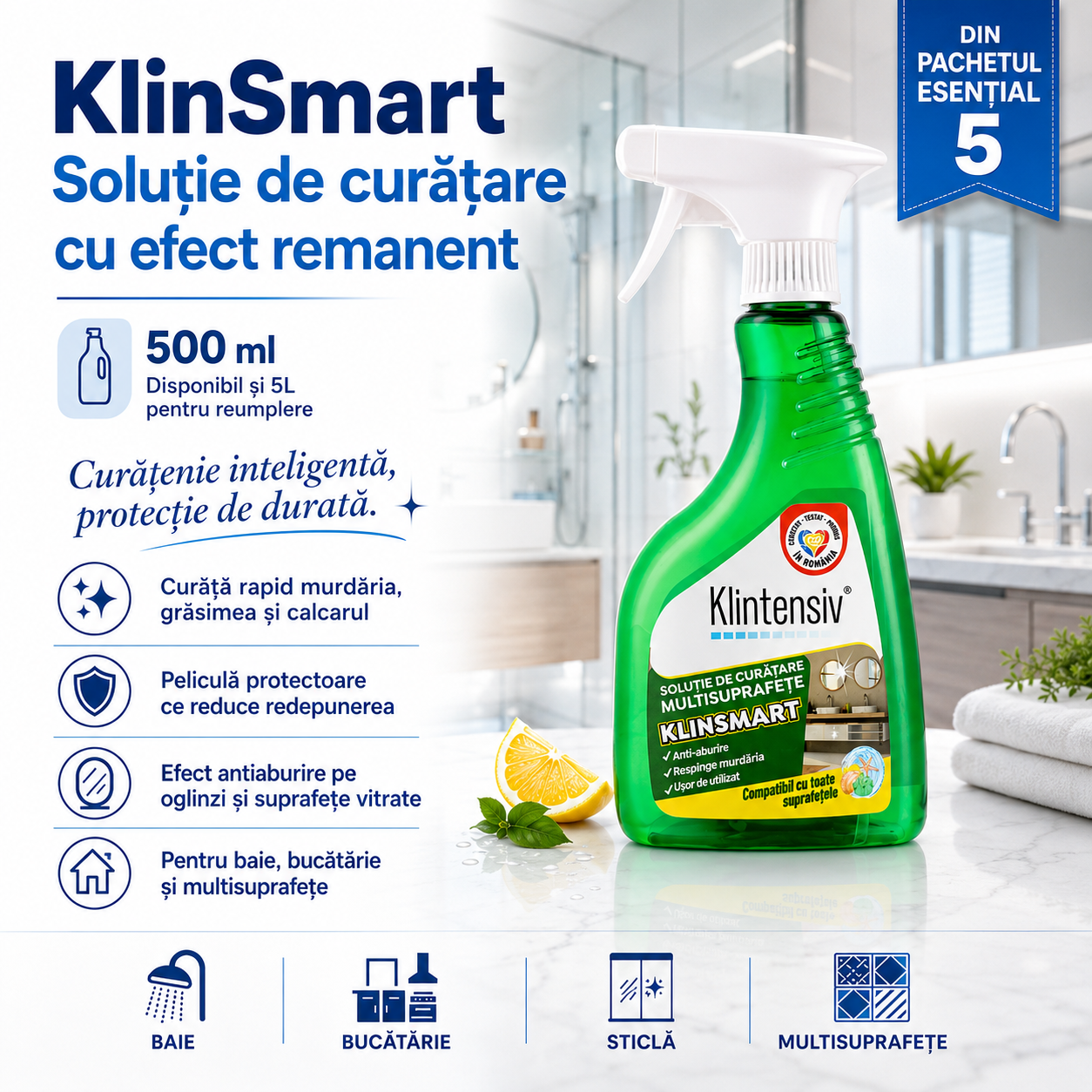 Solutie Curatare Baie Klintensiv 500 ml cu actiune anticalcar