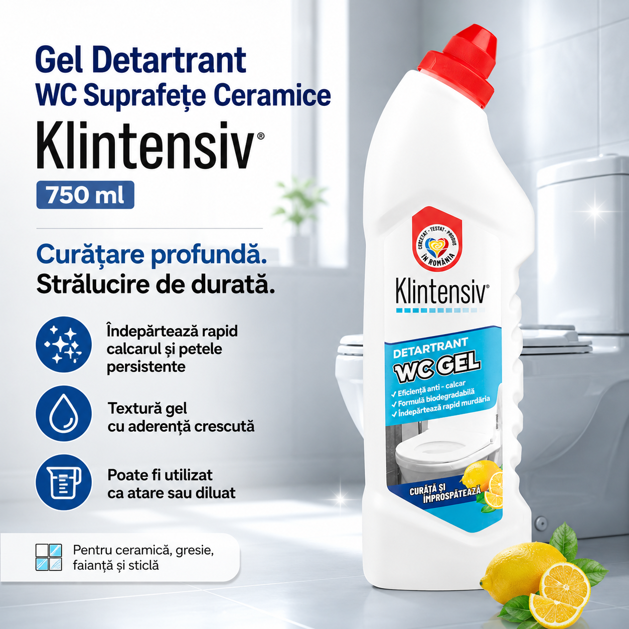 Gel Detartrant WC si Suprafete Ceramice Klintensiv 750 ml