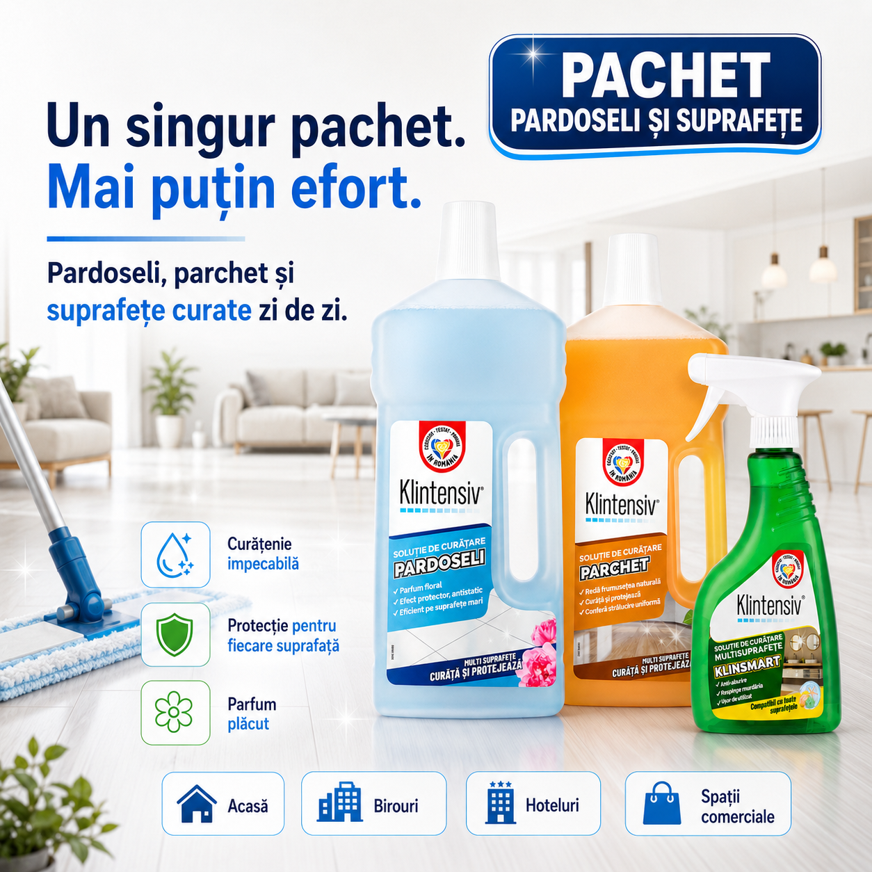 Pachet profesional curatenie pardoseli parchet si suprafete Klintensiv KlinSmart