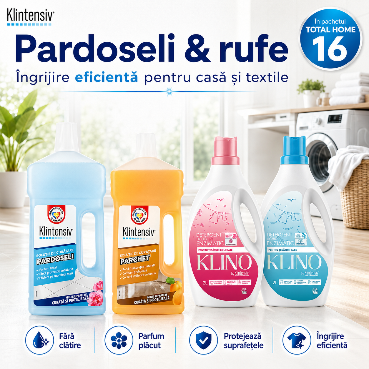 Detergenti KLINO pentru rufe albe si colorate din pachetul TOTAL HOME 16