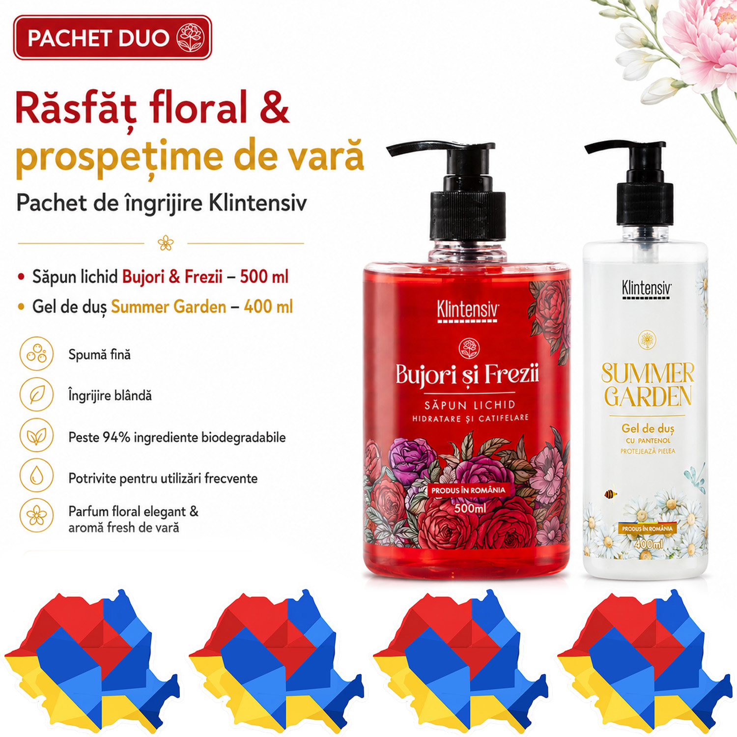 Pachet Klintensiv cu sapun lichid floral si gel de dus hidratant