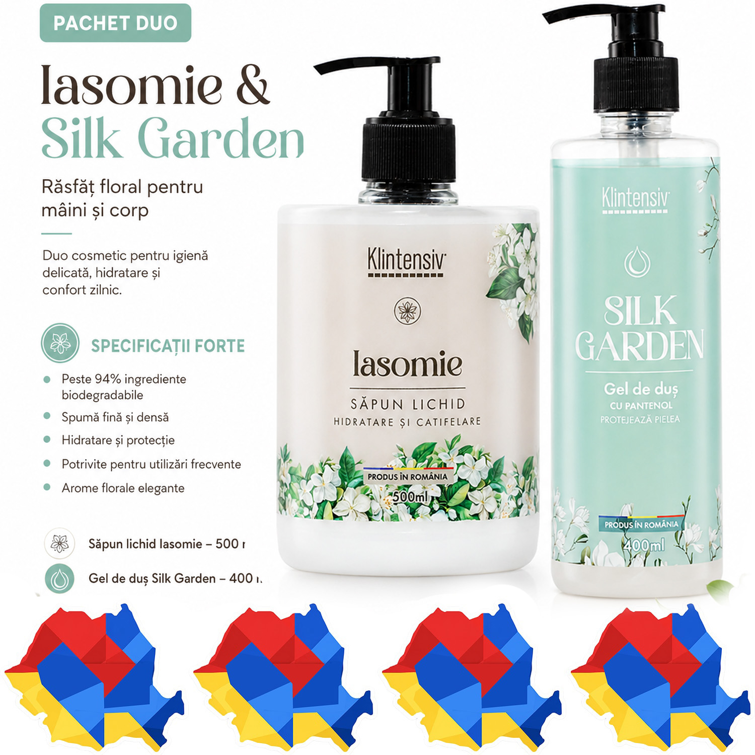 Pachet Klintensiv cu sapun lichid Iasomie si gel de dus Silk Garden