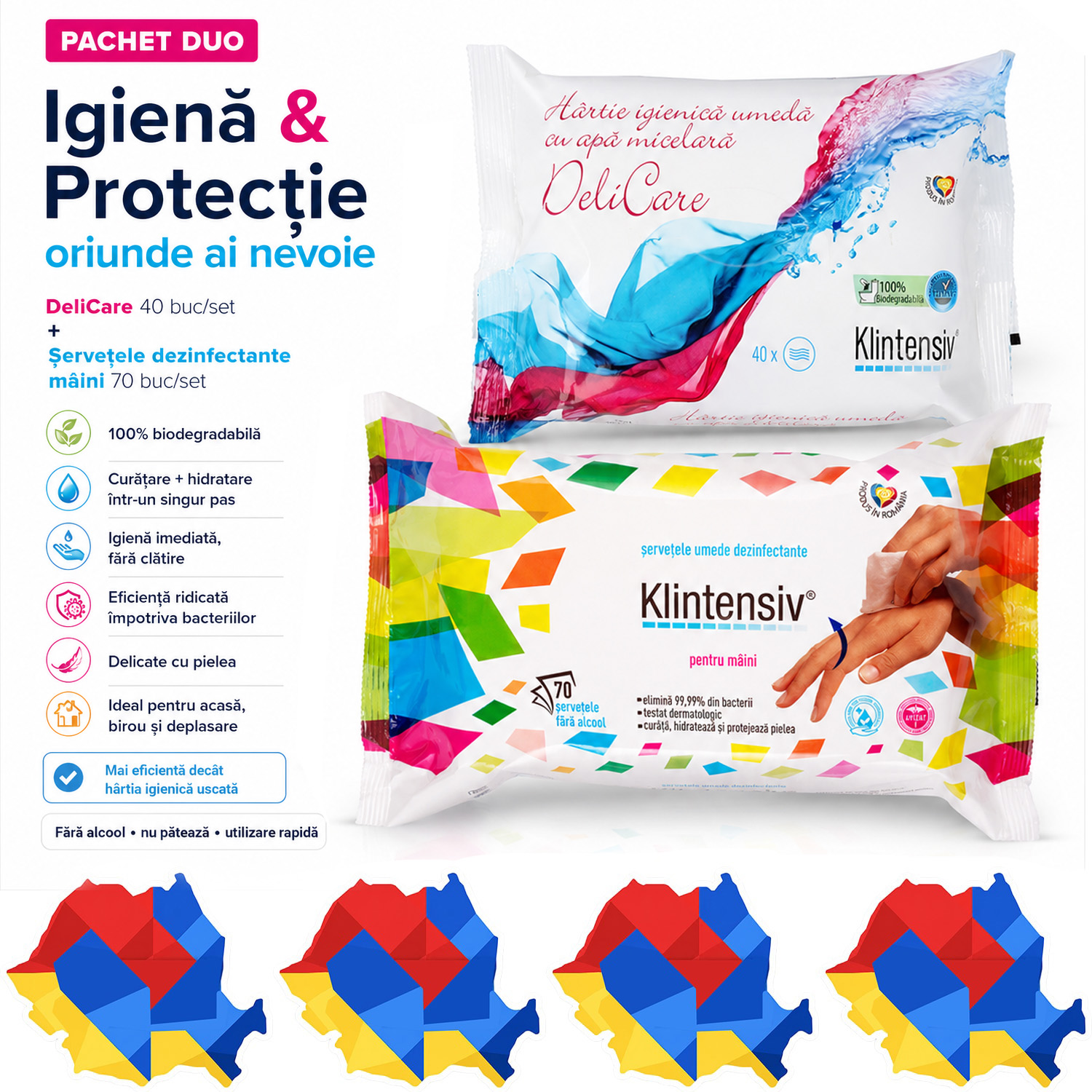 Pachet Klintensiv cu hartie igienica umeda si servetele pentru dezinfectarea mainilor