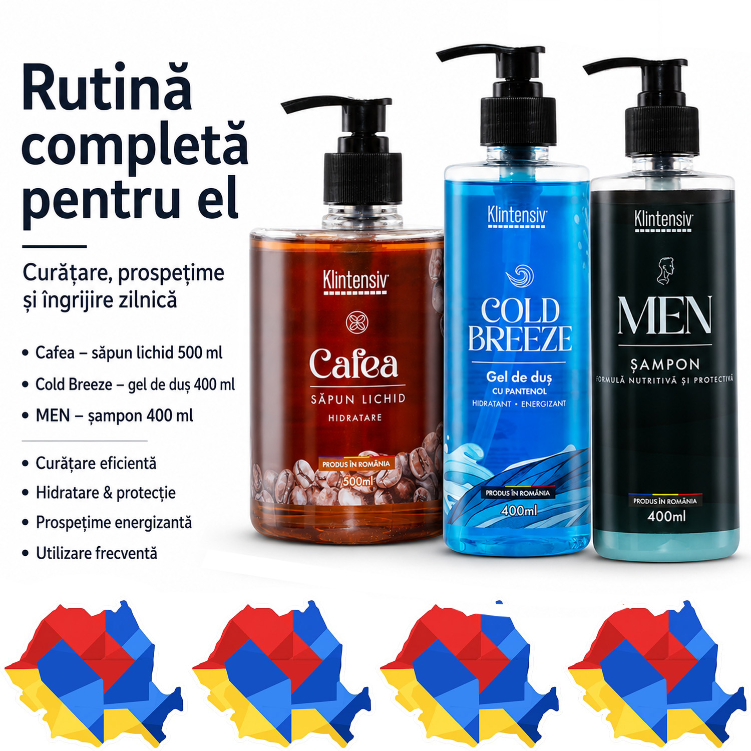 Set Klintensiv cu sapun lichid Cafea, gel de dus Cold Breeze si sampon pentru barbati