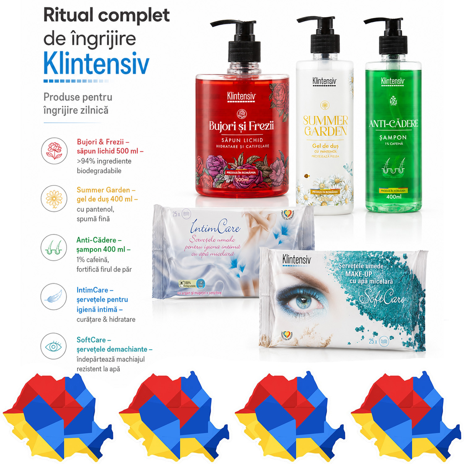 Set Klintensiv cu 5 produse pentru maini corp par fata si igiena intima