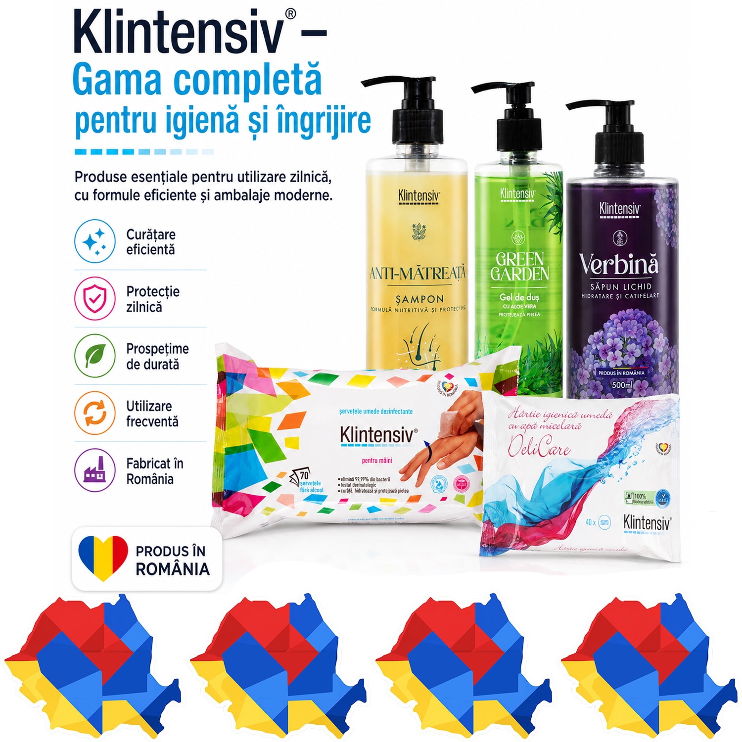 Set Klintensiv cu 5 produse pentru igiena mainilor corpului parului si tegumentelor