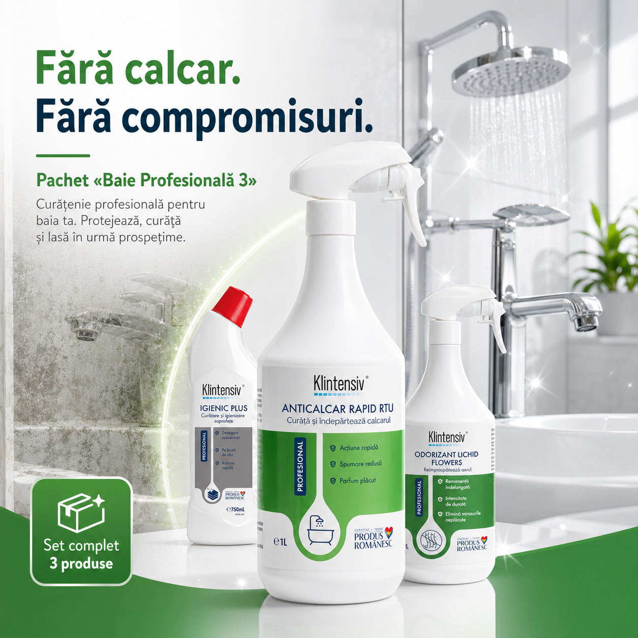 Solutie anticalcar profesionala Klintensiv pentru cabine de dus faianta si obiecte sanitare