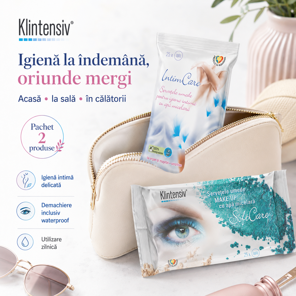 Servetele umede demachiante Klintensiv 25 bucati pentru machiaj waterproof