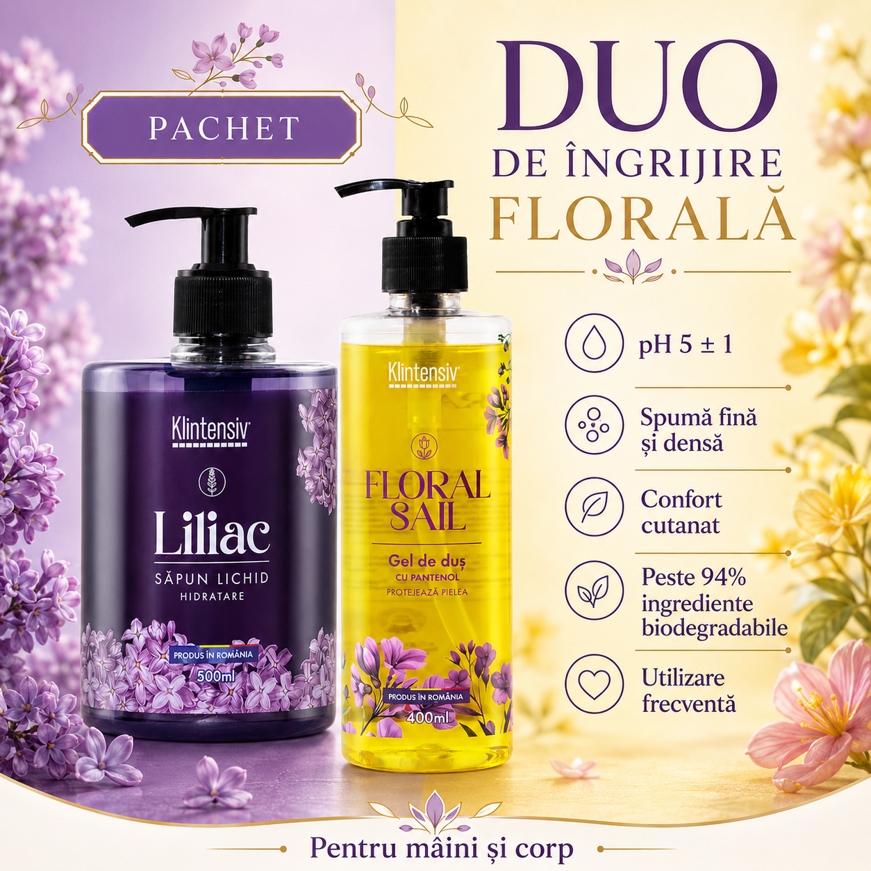 Pachet Klintensiv Liliac si Floral Sail pentru igiena mainilor si corpului