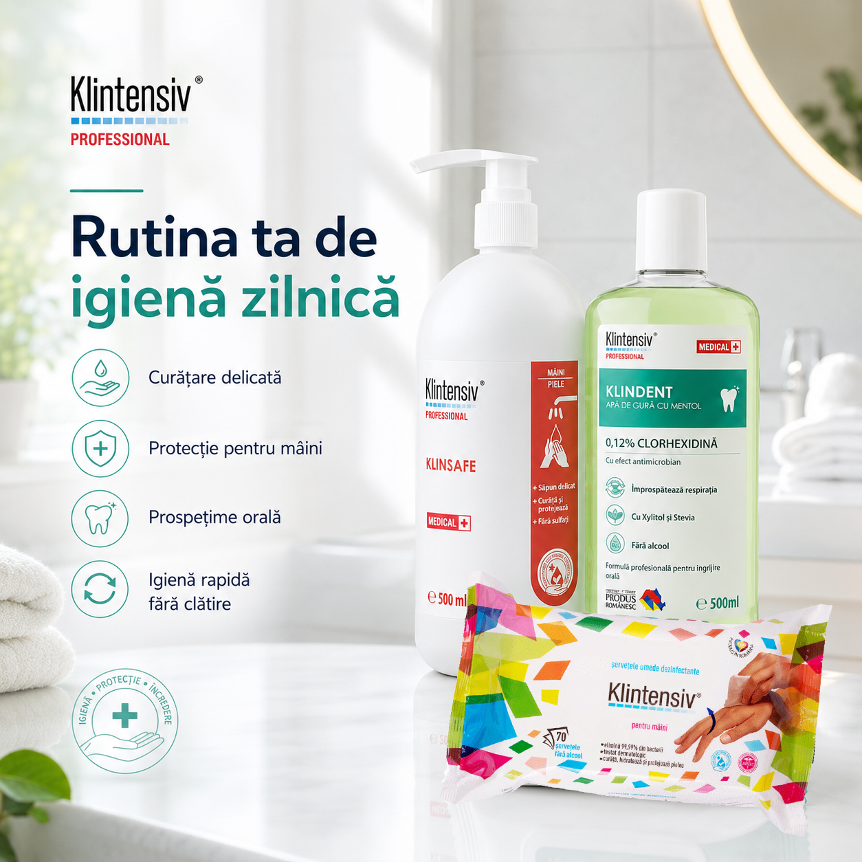 Servetele dezinfectante pentru maini Klintensiv 70 bucati