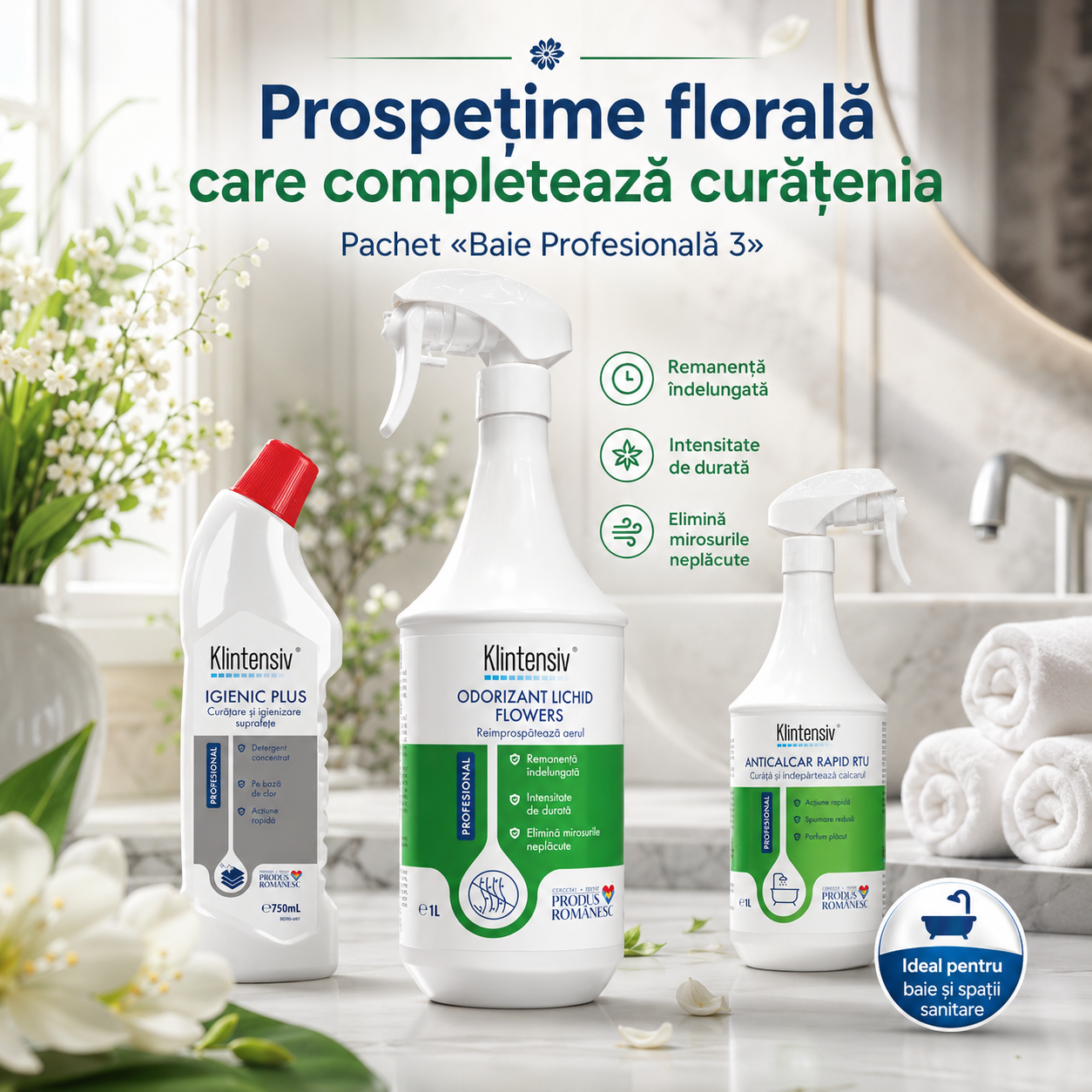 Odorizant profesional Klintensiv Flowers cu parfum floral pentru bai si spatii comune