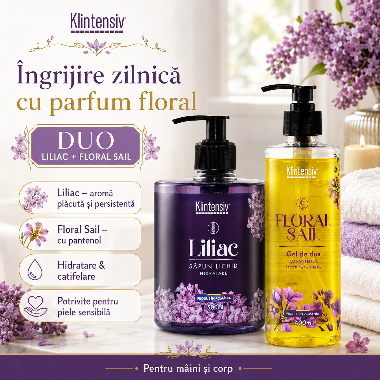 Set ingrijire Klintensiv sapun lichid Liliac 500 ml si gel de dus Floral Sail 400 ml