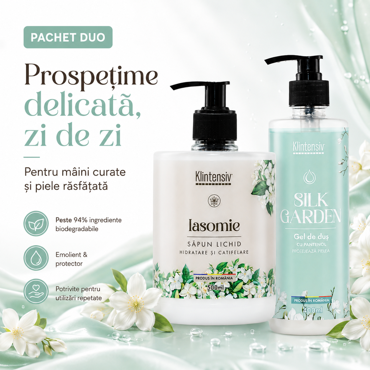 Set ingrijire Klintensiv sapun lichid Iasomie 500 ml si gel de dus Silk Garden 400 ml