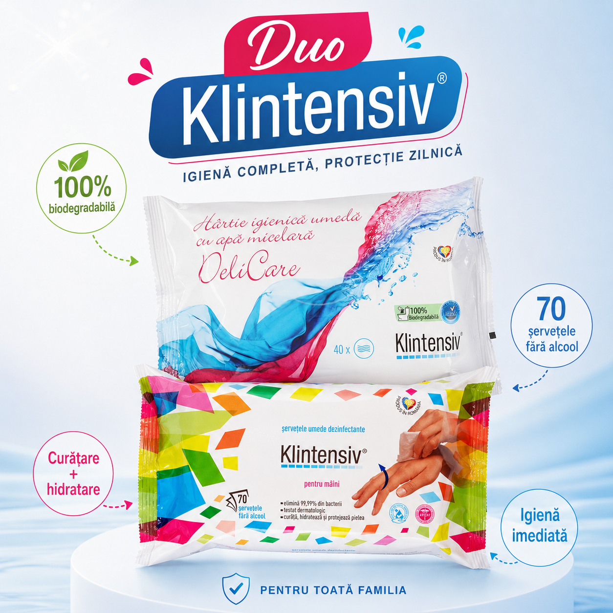 Set Klintensiv hartie igienica umeda 40 buc si servetele dezinfectante 70 buc