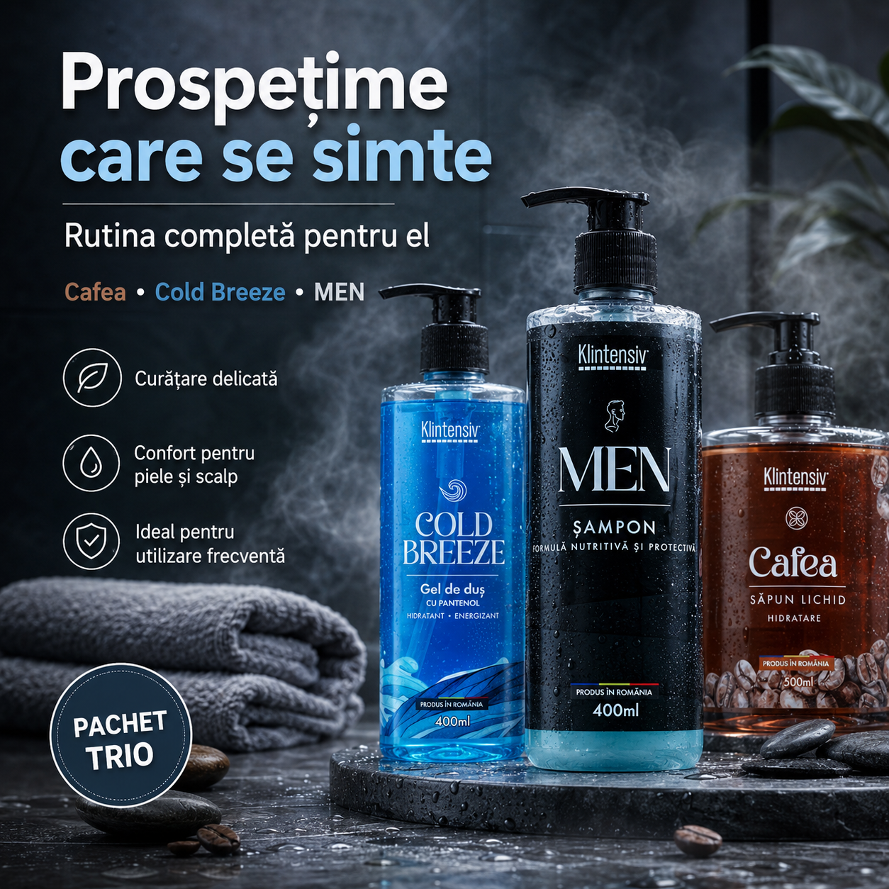 Set Klintensiv sapun Cafea 500 ml gel Cold Breeze 400 ml si sampon pentru barbati 400 ml