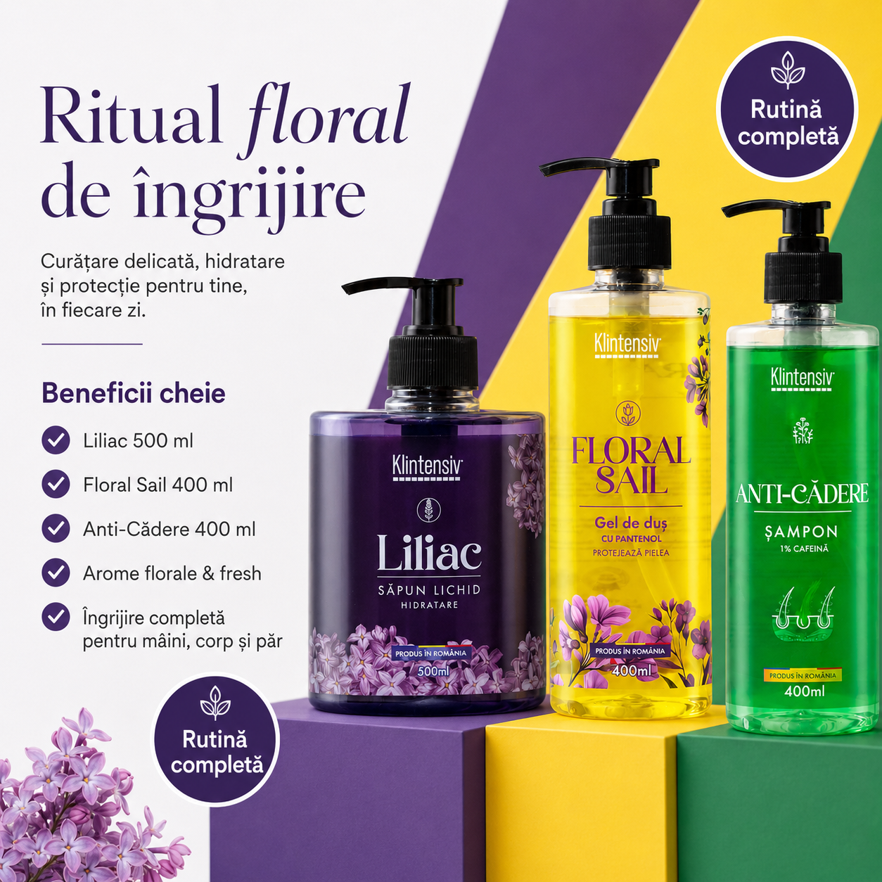 Set Klintensiv sapun Liliac 500 ml gel Floral Sail 400 ml si sampon Anti-Cadere 400 ml