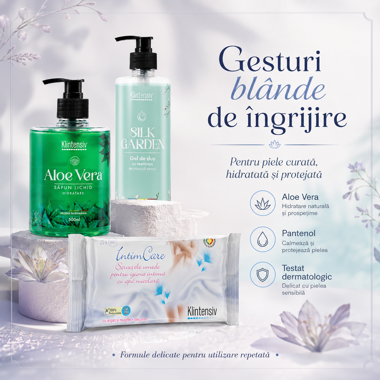 Set Klintensiv Aloe Vera 500 ml Silk Garden 400 ml si IntimCare 40 bucati