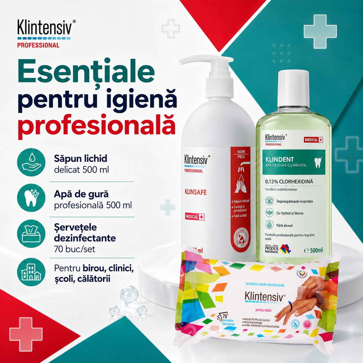 Set Klintensiv KlinSafe 500 ml KLINDENT 500 ml si servetele dezinfectante 70 bucati