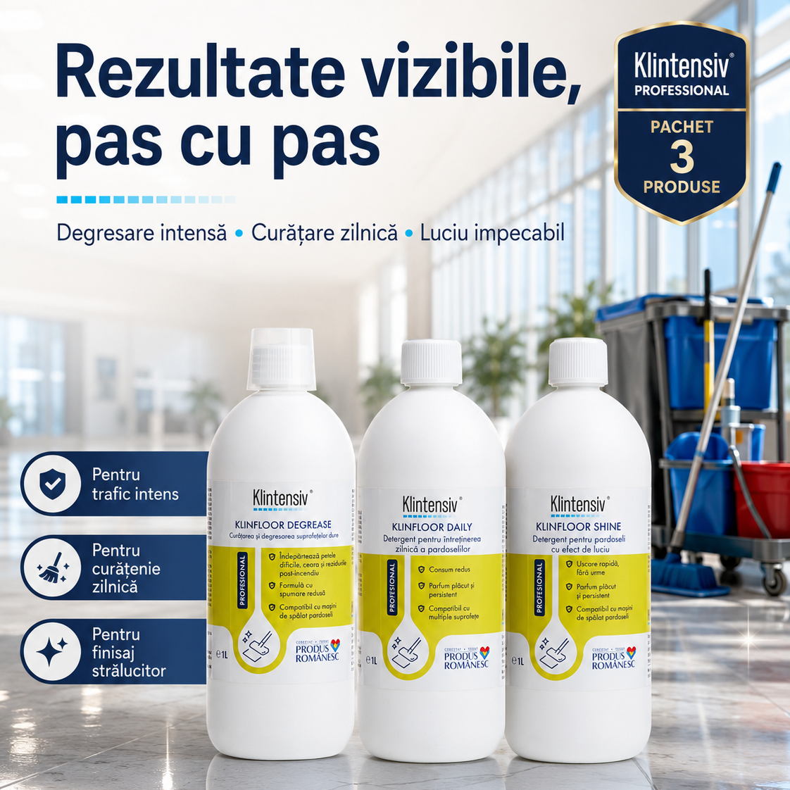 Pachet KLINFLOOR Klintensiv Professional in trei pasi pentru pardoseli curate si lucioase