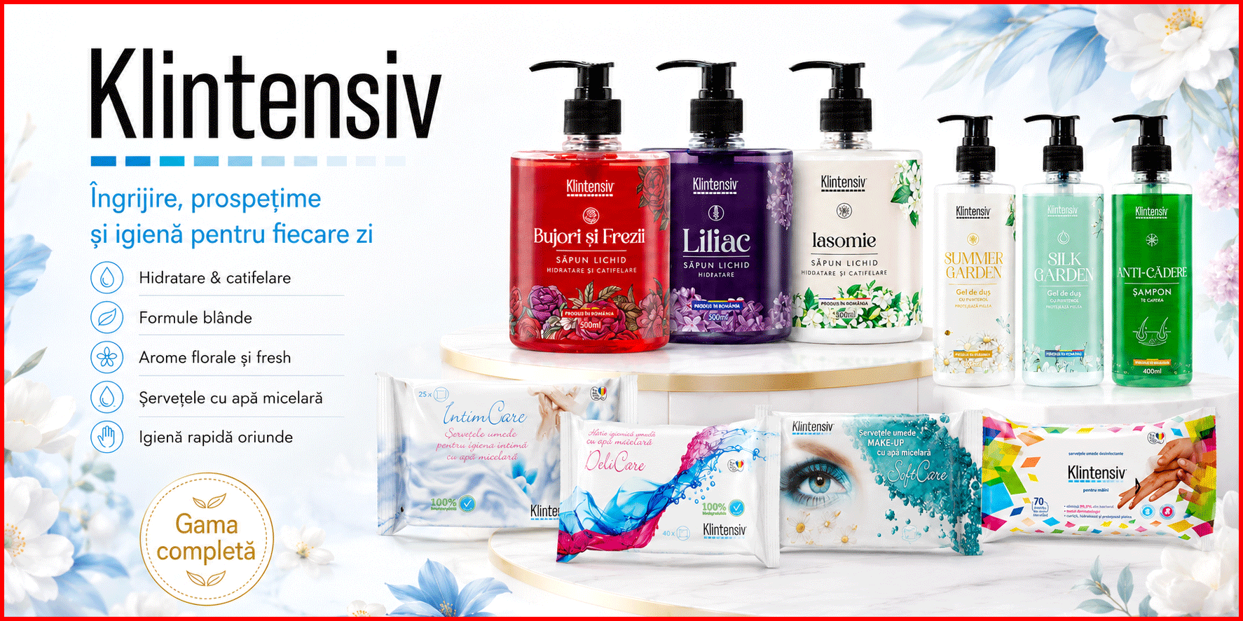 Pachet complet Klintensiv cu sapunuri, geluri de dus, sampon si servetele pentru igiena