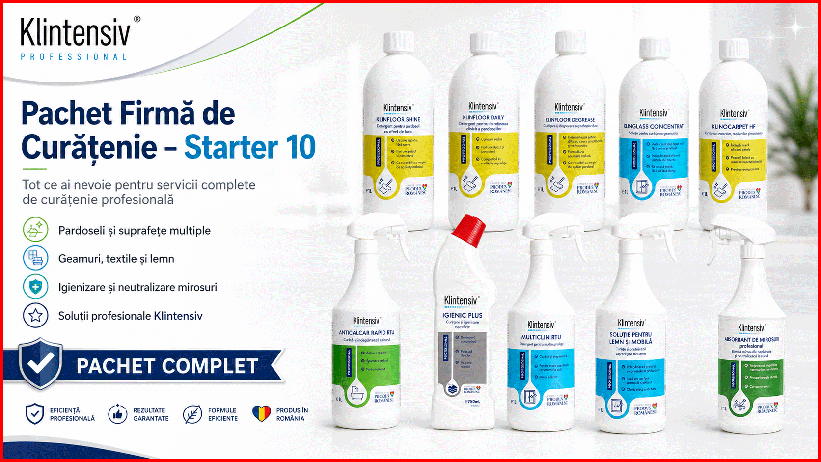 Pachet Firma de Curatenie Starter 10 Klintensiv Professional pentru pardoseli baie mobilier geamuri textile si mirosuri