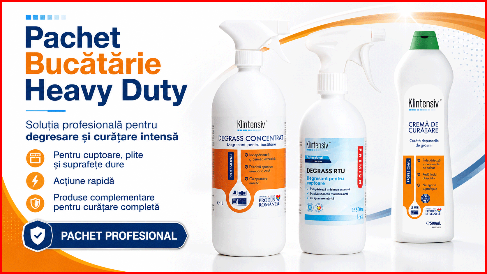 Pachet Bucatarie Heavy Duty Klintensiv Professional cu trei produse de curatare