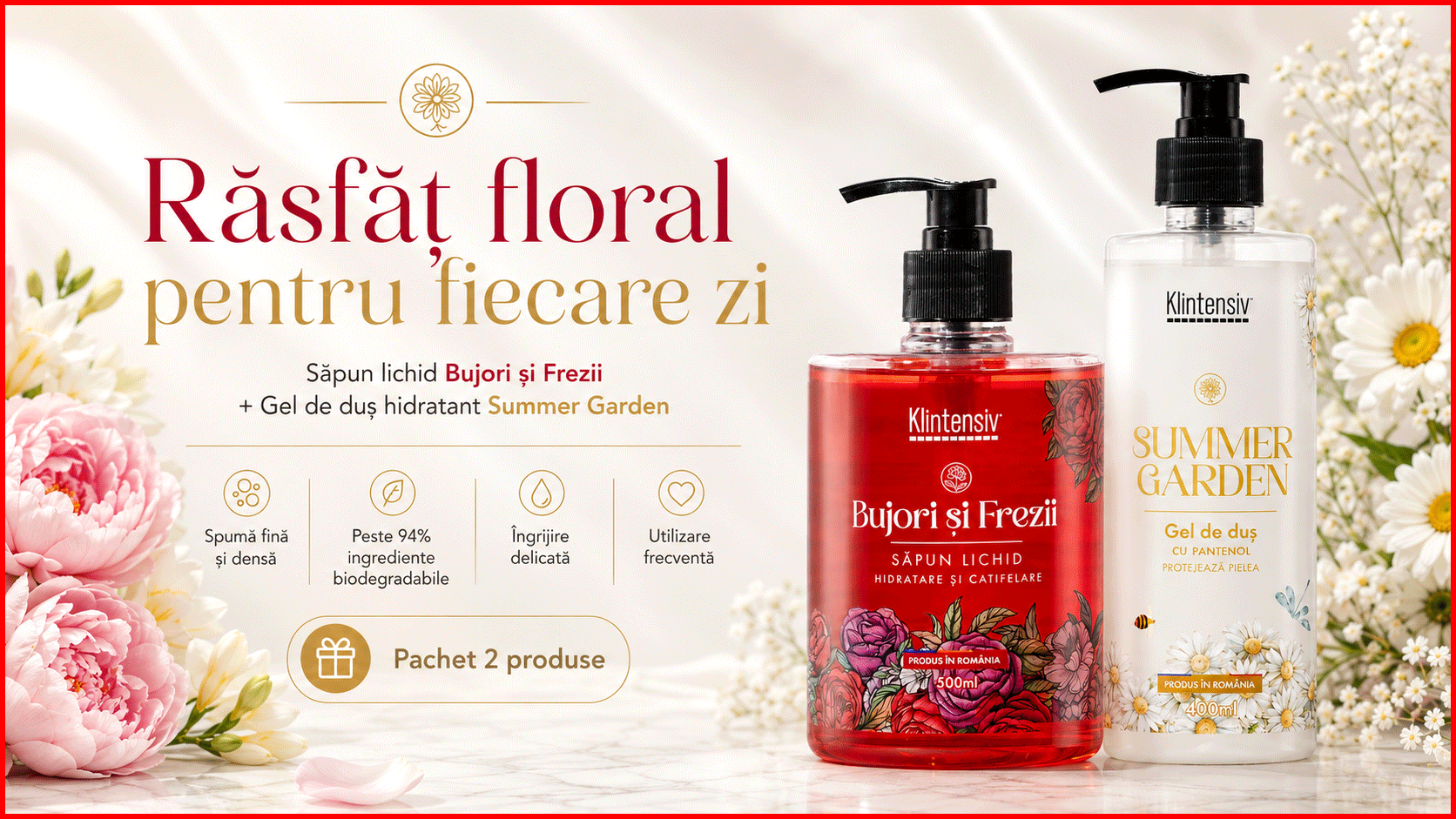 Pachet Klintensiv sapun lichid Bujori si Frezii si gel de dus Summer Garden