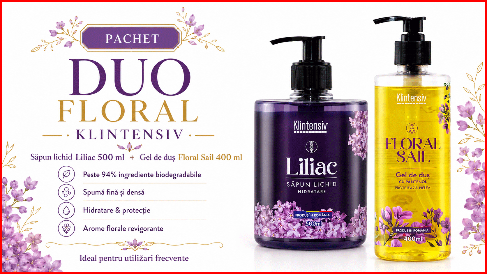 Pachet Klintensiv sapun lichid Liliac si gel de dus hidratant Floral Sail