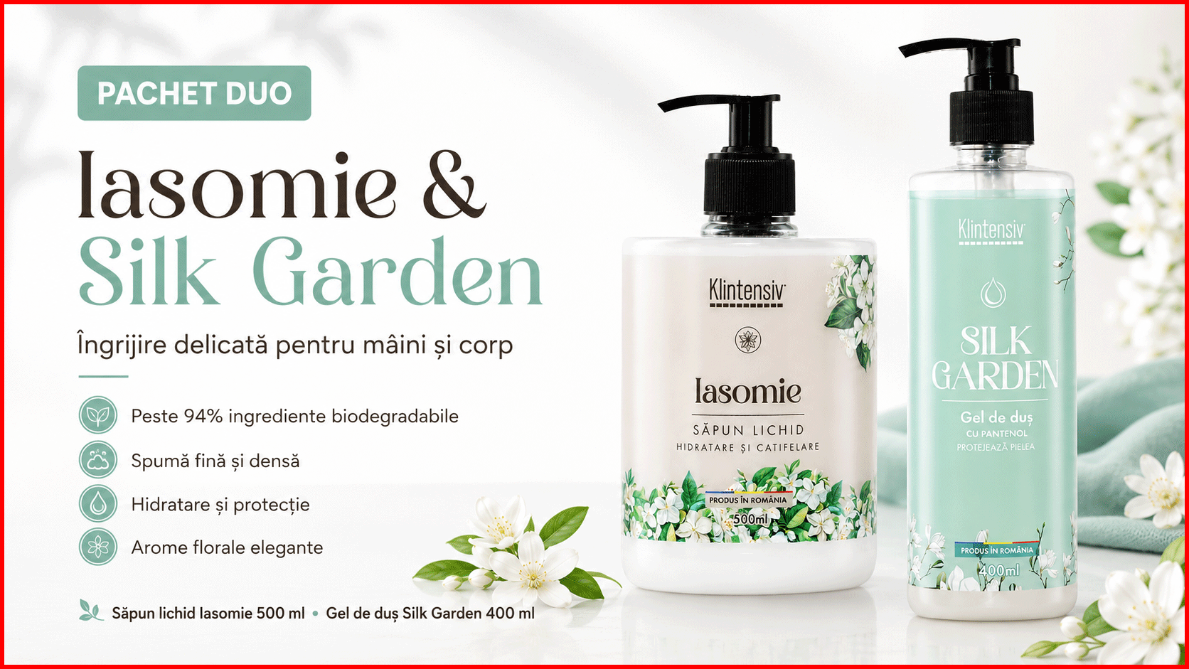 Pachet Klintensiv sapun lichid Iasomie si gel de dus Silk Garden