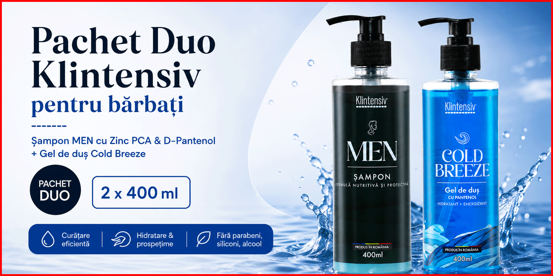 Pachet Klintensiv pentru barbati cu sampon Zinc PCA Pantenol si gel de dus Cold Breeze