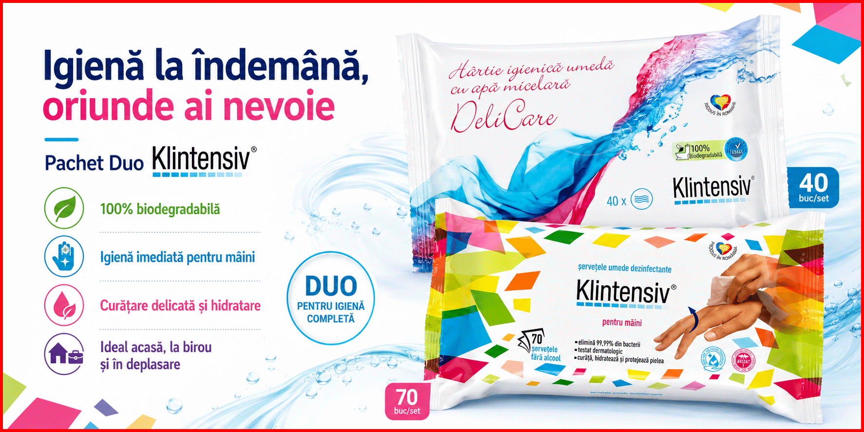 Pachet Klintensiv hartie igienica umeda si servetele dezinfectante pentru maini