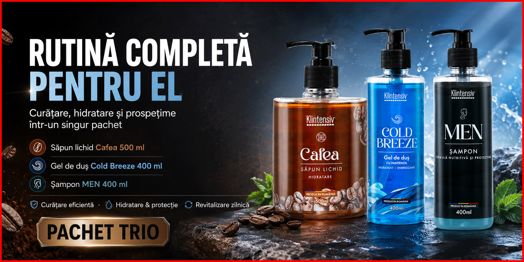Pachet Klintensiv pentru barbati cu sapun lichid Cafea, gel de dus Cold Breeze si sampon cu Zinc PCA si Pantenol