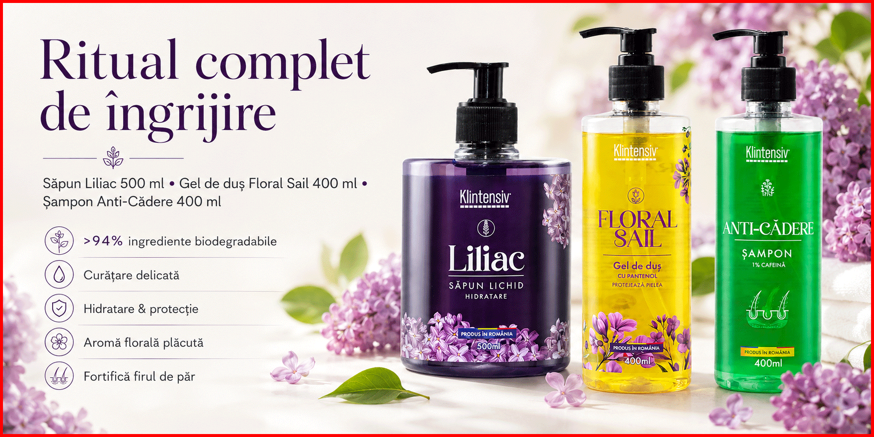 Pachet Klintensiv cu sapun lichid Liliac, gel de dus Floral Sail si sampon Anti-Cadere