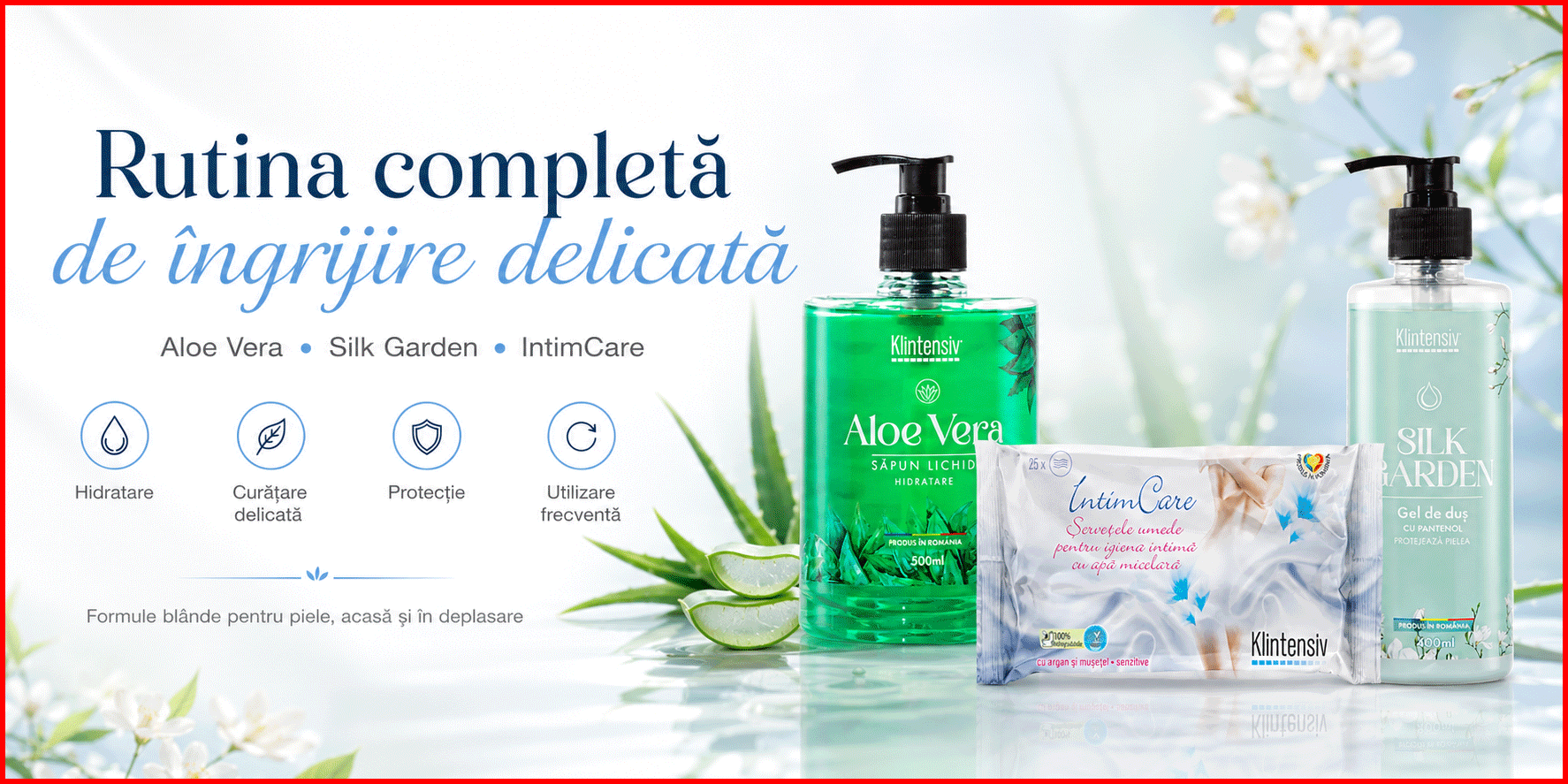 Pachet Klintensiv cu sapun lichid Aloe Vera, gel de dus Silk Garden si servetele IntimCare
