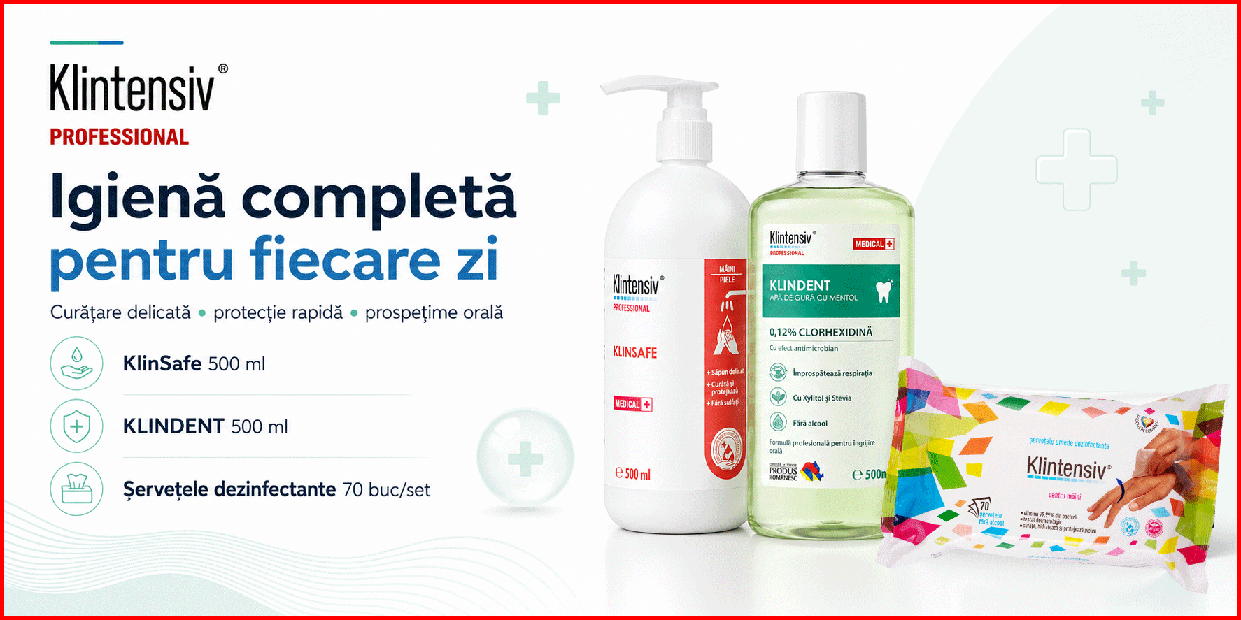 Pachet Klintensiv cu sapun delicat KlinSafe, apa de gura KLINDENT si servetele dezinfectante pentru maini