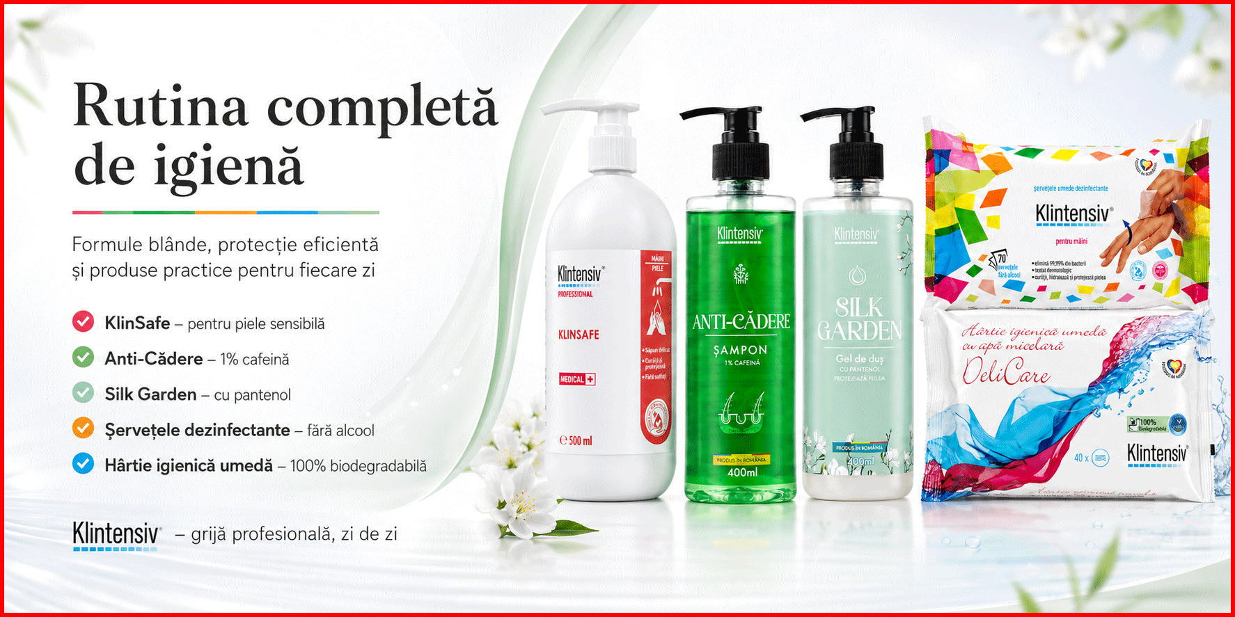 Pachet Klintensiv cu KlinSafe, gel de dus Silk Garden, sampon Anti-Cadere, servetele dezinfectante si hartie igienica umeda