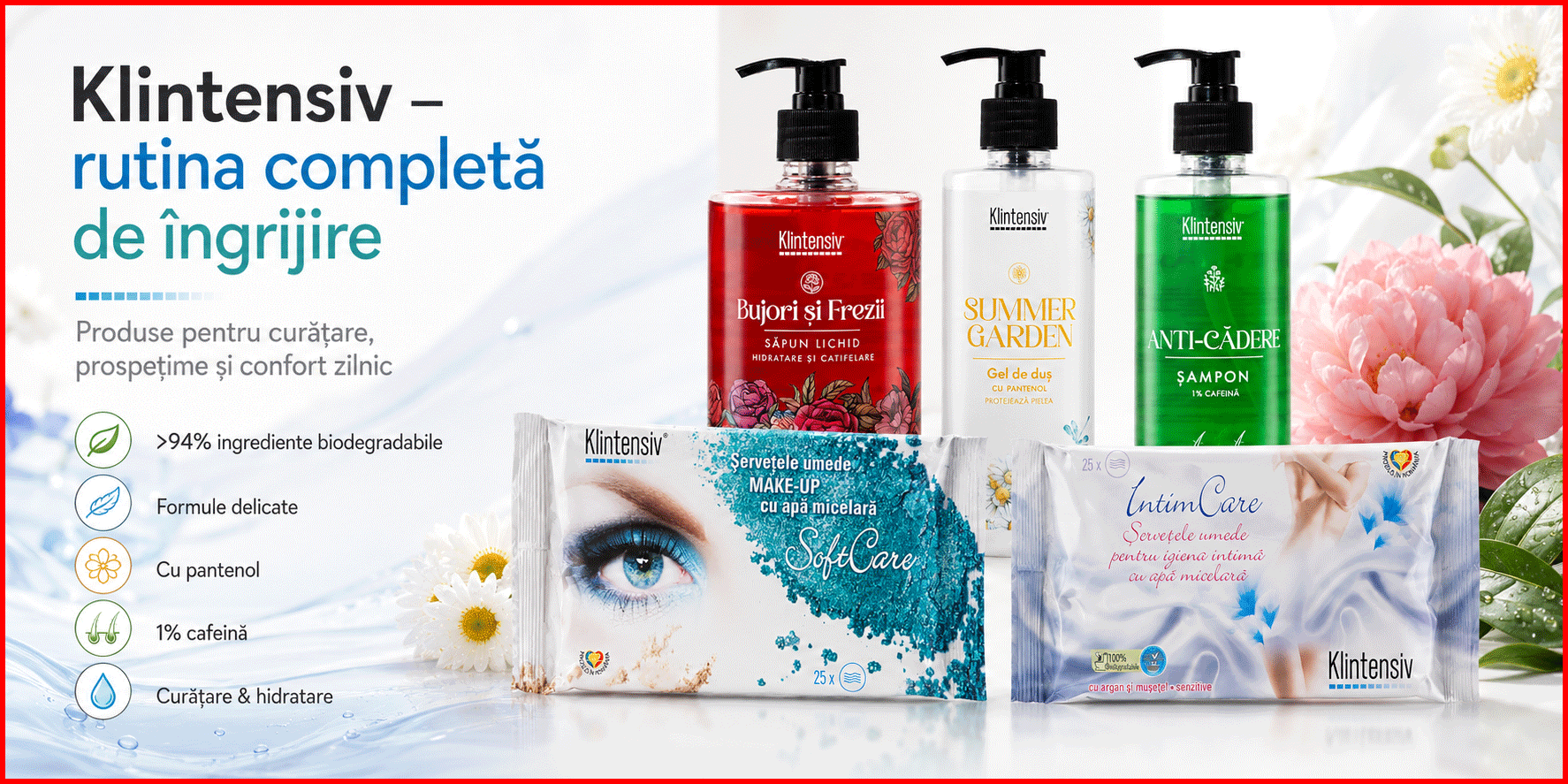 Pachet Klintensiv cu sapun Bujori si Frezii, gel Summer Garden, sampon Anti-Cadere si servetele umede