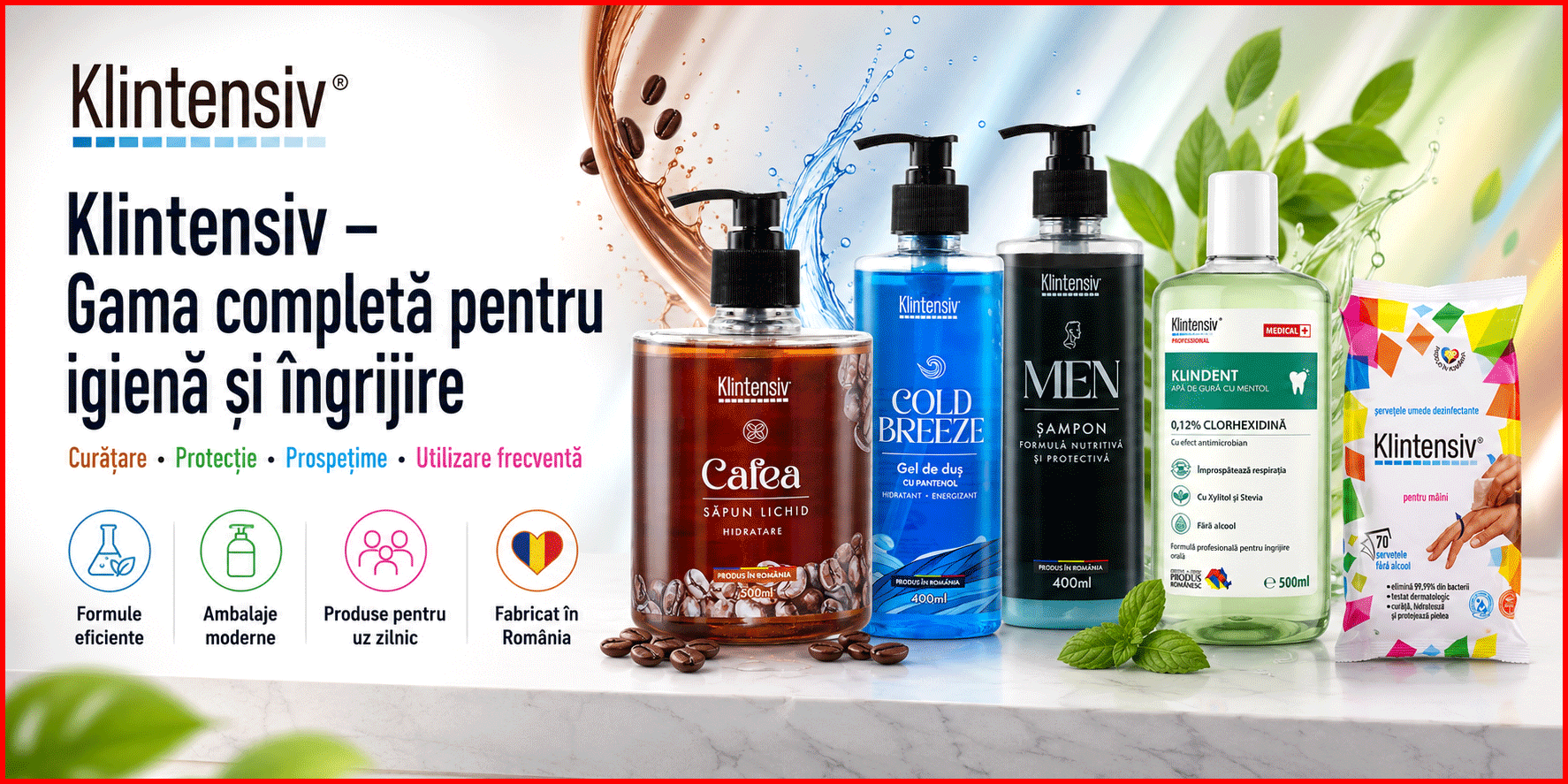 Pachet Klintensiv pentru barbati cu sapun Cafea, gel Cold Breeze, sampon cu Zinc PCA, apa de gura KLINDENT si servetele dezinfectante