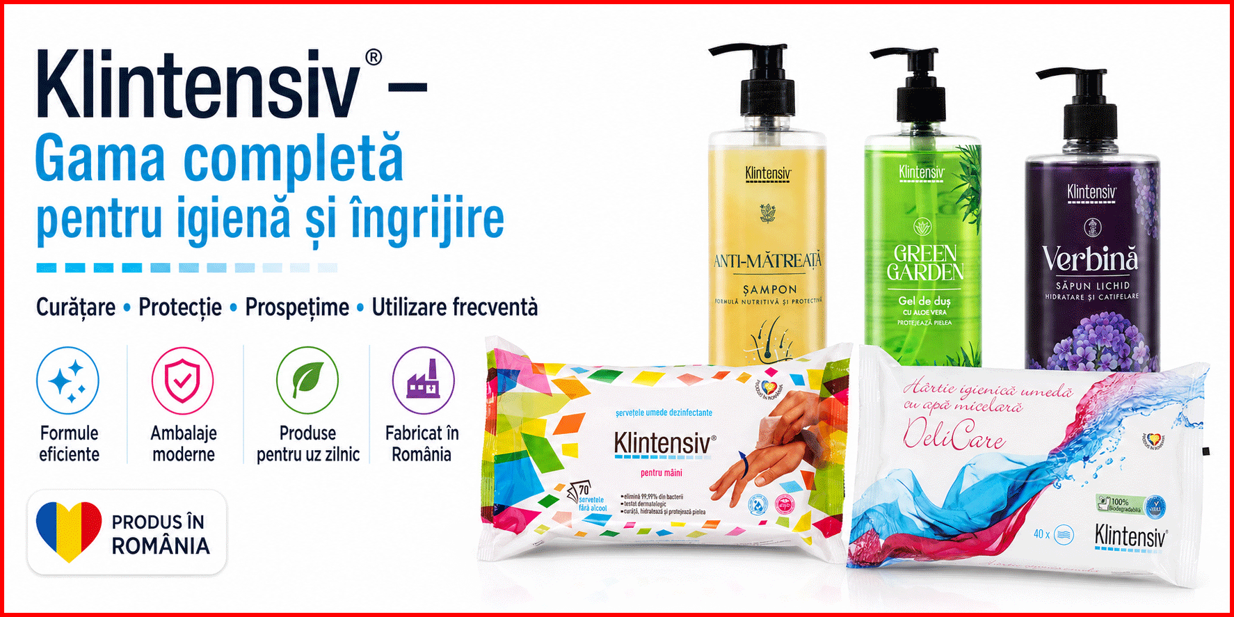 Pachet Klintensiv cu sapun lichid Verbina, gel de dus Green Garden, sampon Anti-Matreata, hartie igienica umeda si servetele dezinfectante