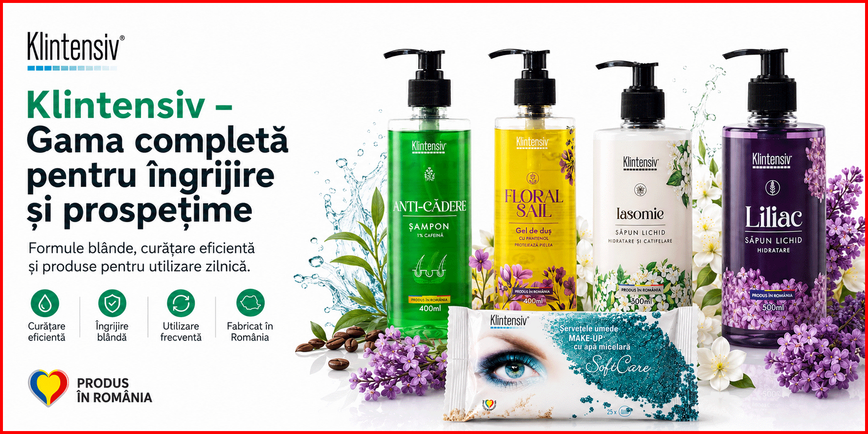 Pachet Klintensiv cu sapun lichid Liliac, sapun Iasomie, gel Floral Sail, sampon Anti-Cadere si servetele demachiante