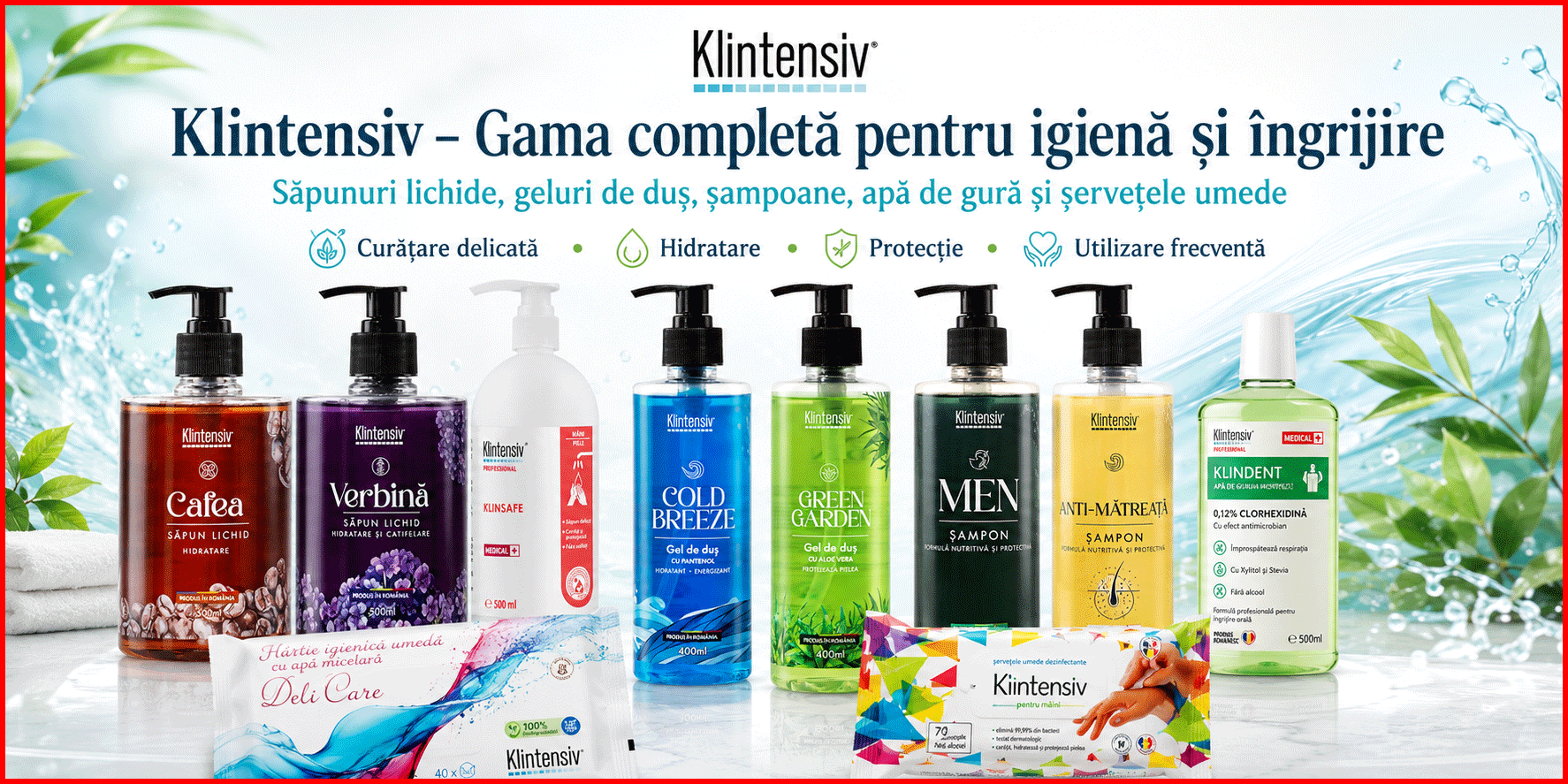 Pachet complet Klintensiv cu sapunuri, geluri de dus, sampoane, apa de gura si servetele pentru igiena