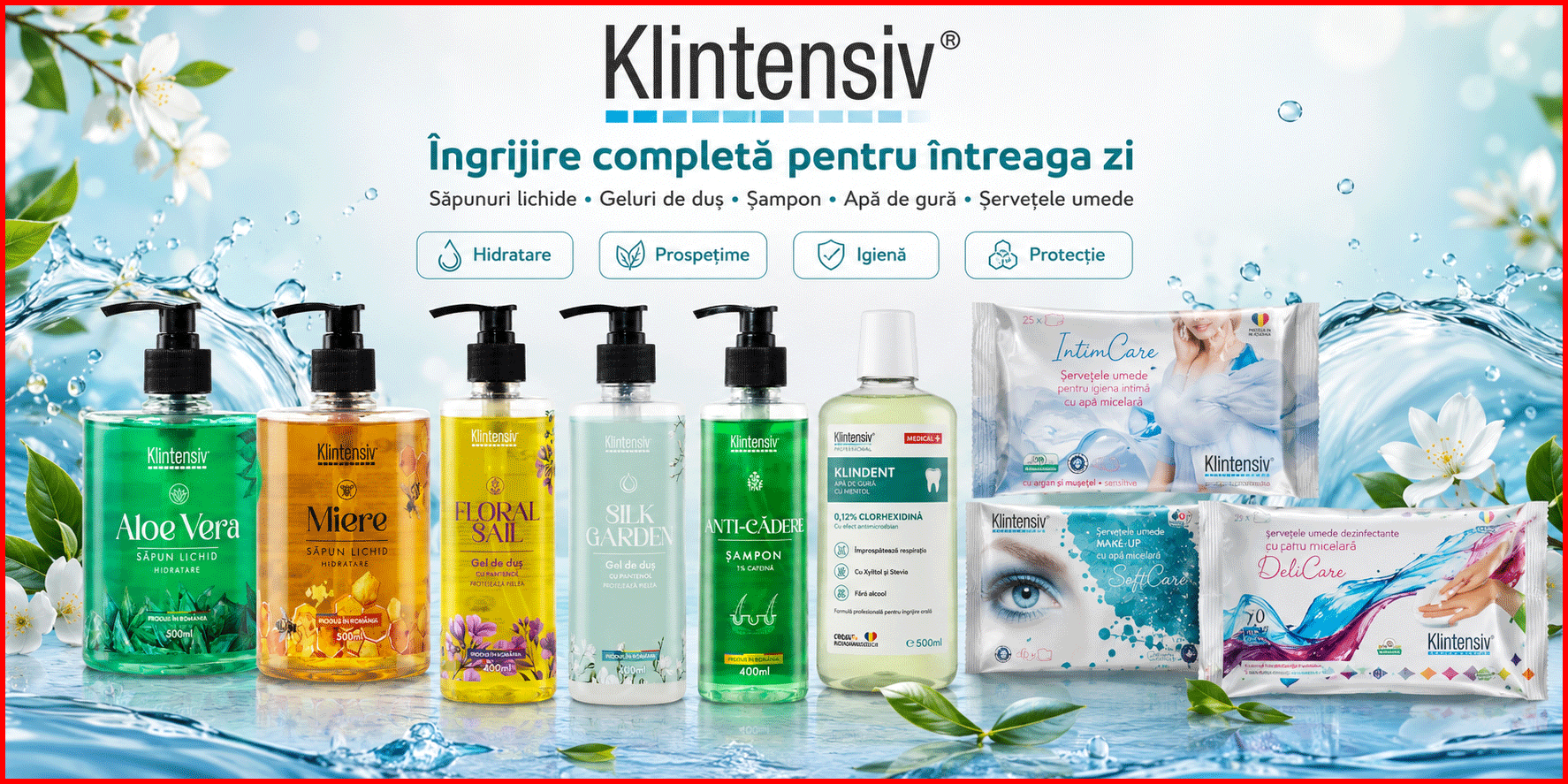 Pachet complet Klintensiv cu sapun Aloe Vera, sapun Miere, geluri de dus, sampon, KLINDENT si servetele pentru igiena