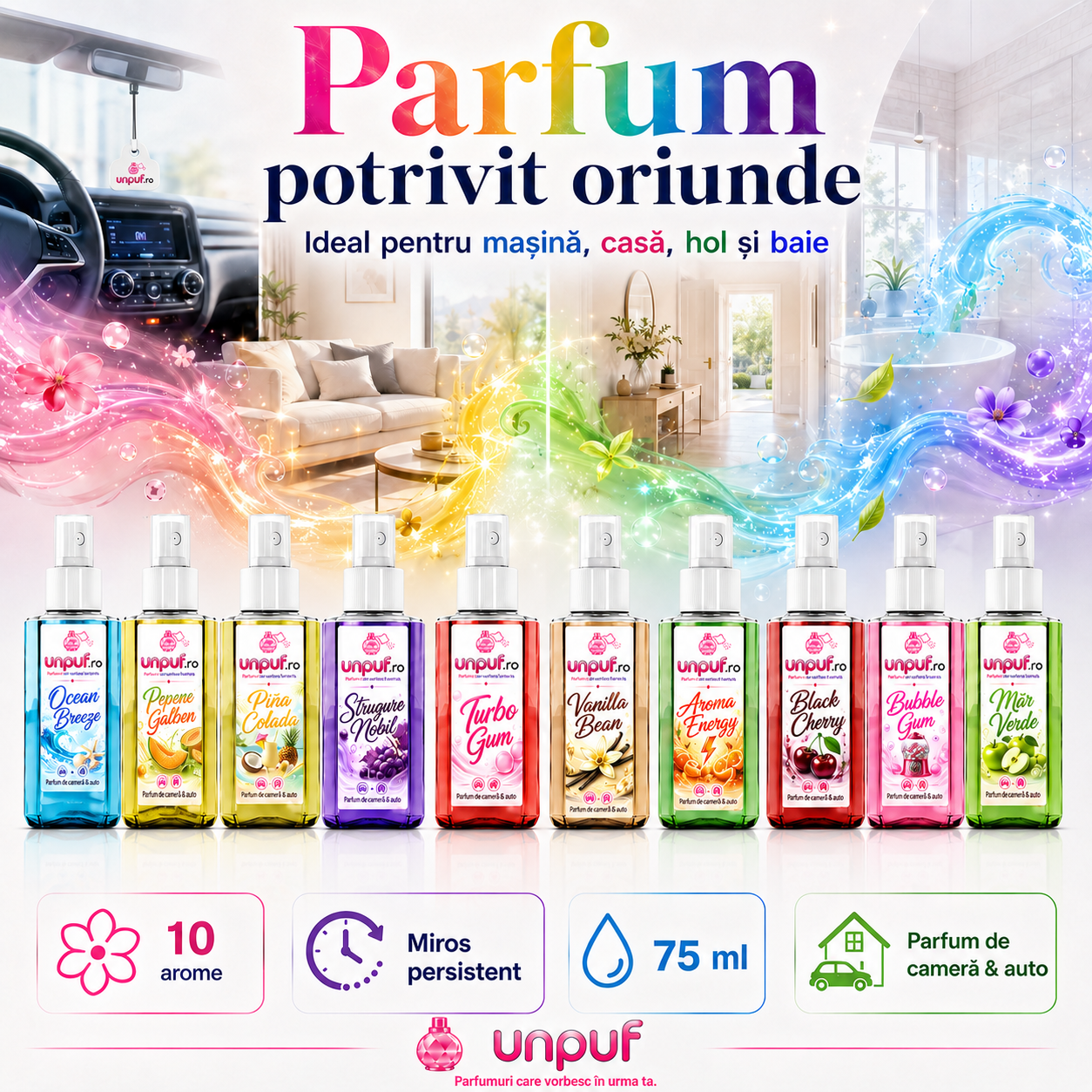 Odorizant auto si casa unpuf 75 ml - ideal pentru masina casa baie hol si birou