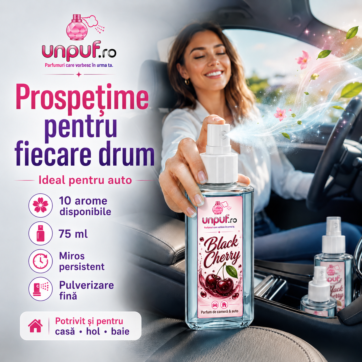 Gama completa odorizant auto si camera unpuf 75 ml - parfum persistent pentru casa si masina