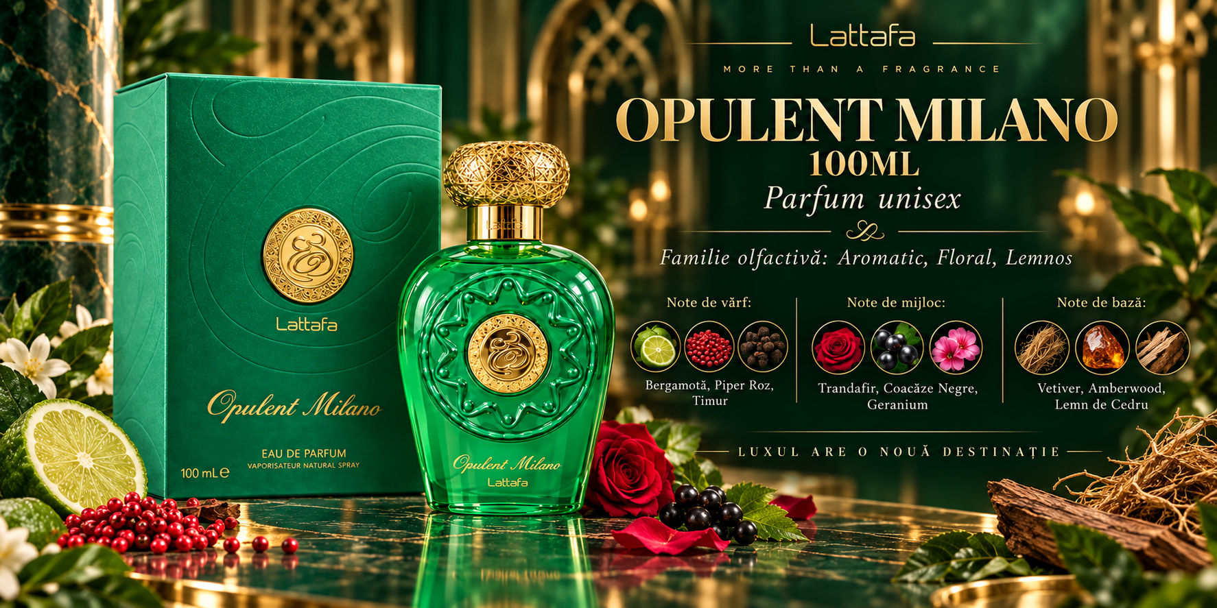 Parfum unisex Lattafa Opulent Milano 100 ml - note aromatice florale si lemnoase
