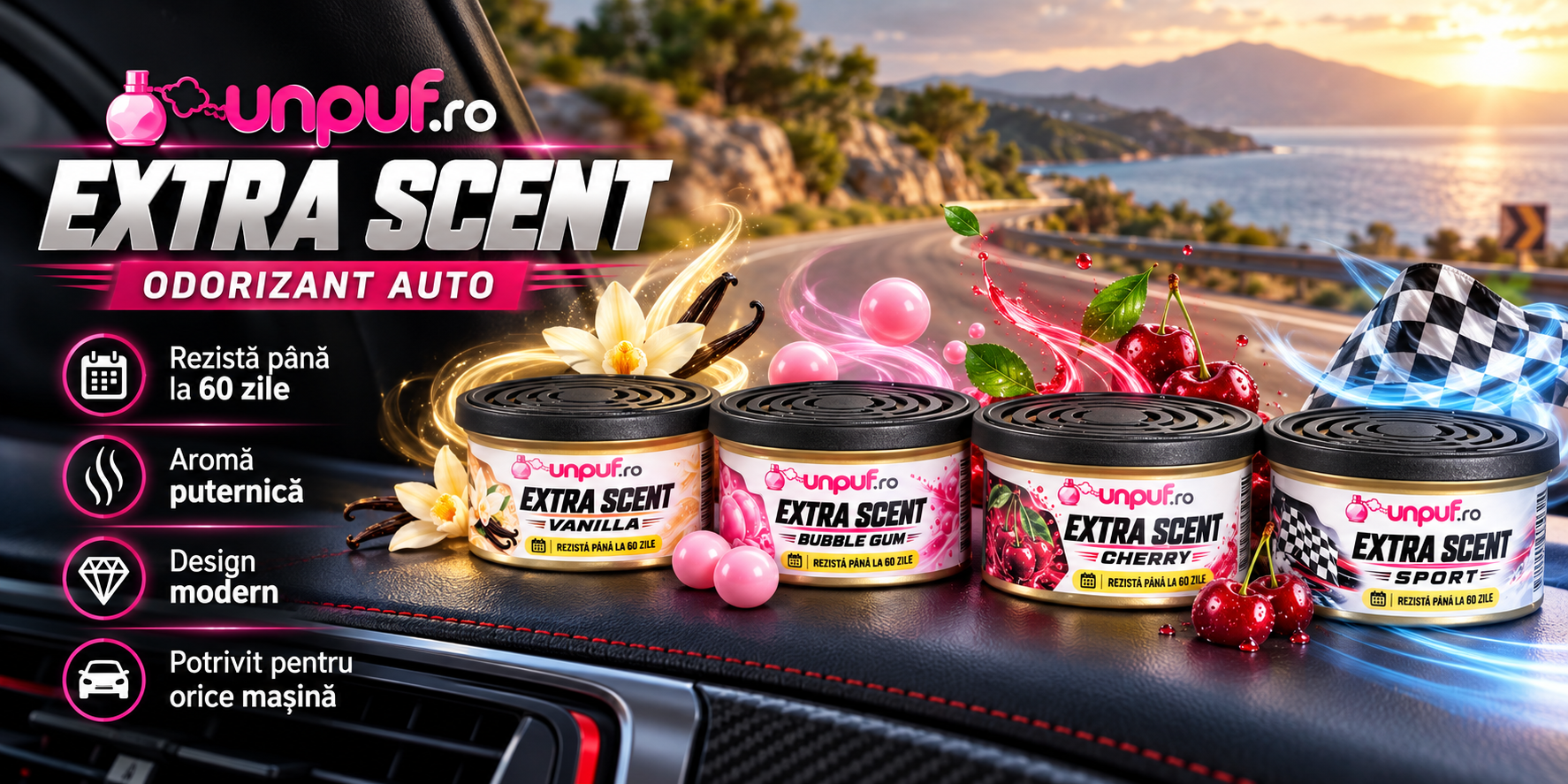 Unpuf Extra Scent odorizant auto - Vanilla, Bubble Gum, Cherry si Sport