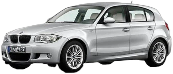 Set 5 covorase auto BMW Seria 1 (E87) din 2004-2011, cu covoras tunel median, cauciuc, 4x Stickere auto cu BMW